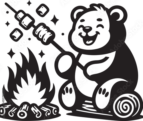 A happy bear roasts marshmallows over a bonfire in a delightful monochrome cartoon illustration featuring stars and clouds.