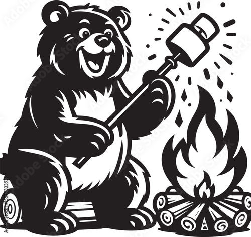 A happy bear roasts marshmallows over a bonfire in a delightful monochrome cartoon illustration featuring stars and clouds.