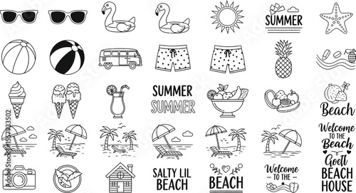 Summer & Beach Fun: Black and White Icon and Design Set