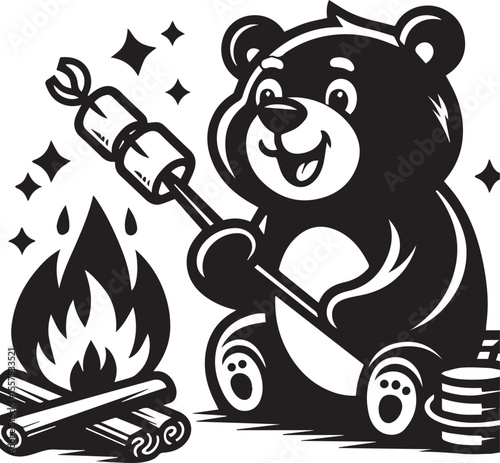 A happy bear roasts marshmallows over a bonfire in a delightful monochrome cartoon illustration featuring stars and clouds.