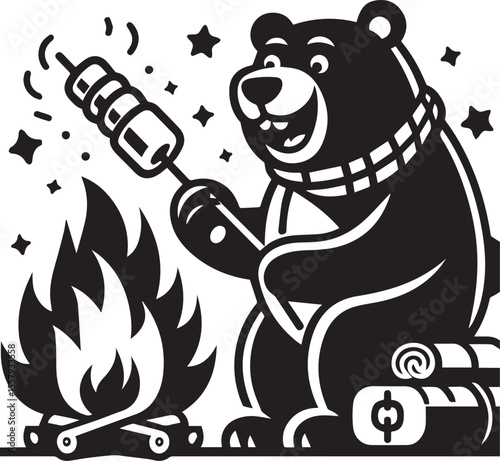 A happy bear roasts marshmallows over a bonfire in a delightful monochrome cartoon illustration featuring stars and clouds.