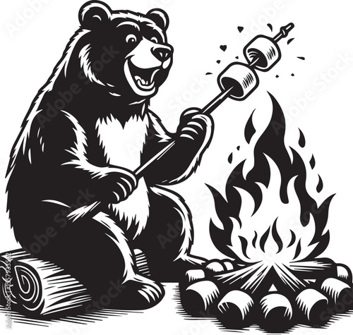 A happy bear roasts marshmallows over a bonfire in a delightful monochrome cartoon illustration featuring stars and clouds.