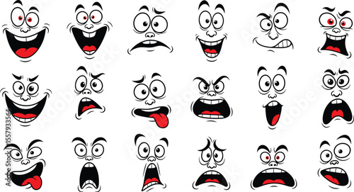 Expressive Cartoon Faces: Black & White Emotion Grid