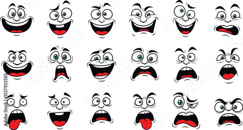 Expressive Cartoon Faces: Black & White Emotion Grid
