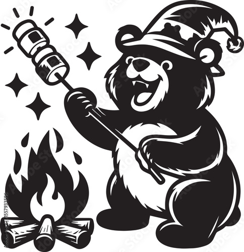 A happy bear roasts marshmallows over a bonfire in a delightful monochrome cartoon illustration featuring stars and clouds.