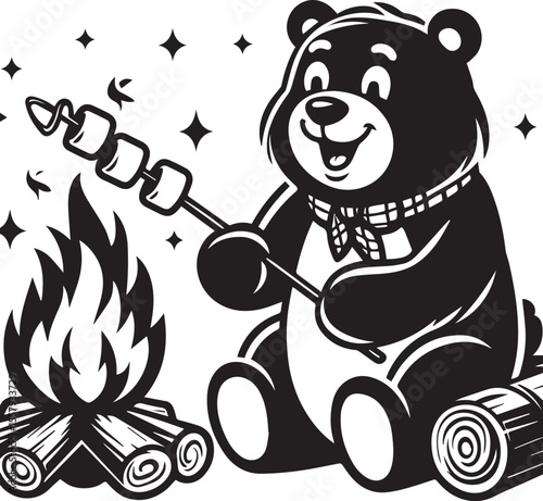 A happy bear roasts marshmallows over a bonfire in a delightful monochrome cartoon illustration featuring stars and clouds.