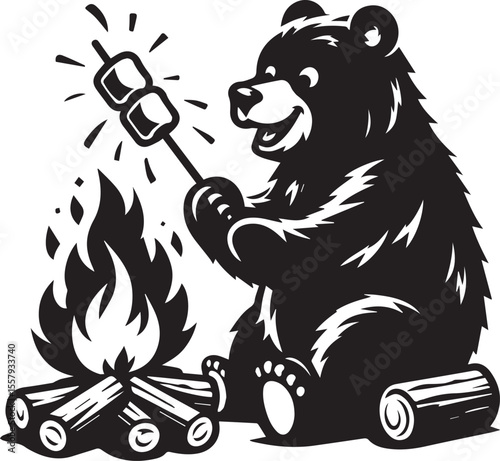 A happy bear roasts marshmallows over a bonfire in a delightful monochrome cartoon illustration featuring stars and clouds.