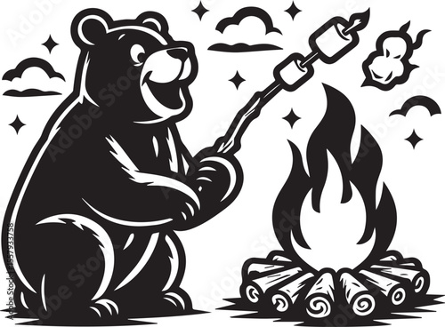 A happy bear roasts marshmallows over a bonfire in a delightful monochrome cartoon illustration featuring stars and clouds.