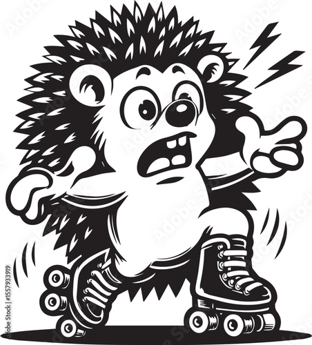 An enthusiastic hedgehog enjoys roller skating, portrayed in a striking black and white cartoon illustration full of energy and charm.