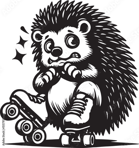 An enthusiastic hedgehog enjoys roller skating, portrayed in a striking black and white cartoon illustration full of energy and charm.