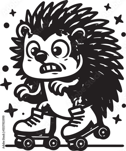 An enthusiastic hedgehog enjoys roller skating, portrayed in a striking black and white cartoon illustration full of energy and charm.