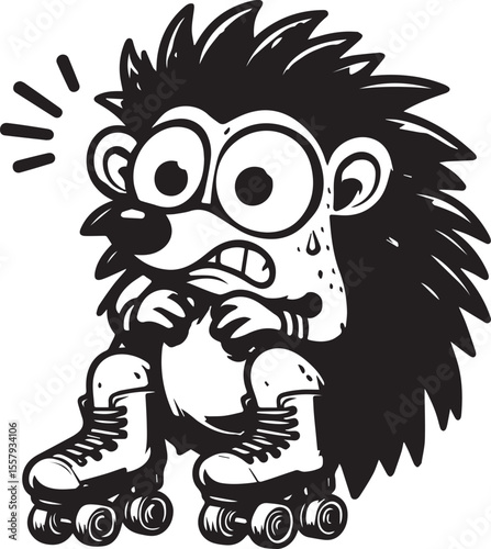An enthusiastic hedgehog enjoys roller skating, portrayed in a striking black and white cartoon illustration full of energy and charm.