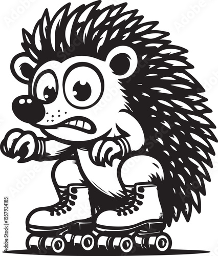 An enthusiastic hedgehog enjoys roller skating, portrayed in a striking black and white cartoon illustration full of energy and charm.