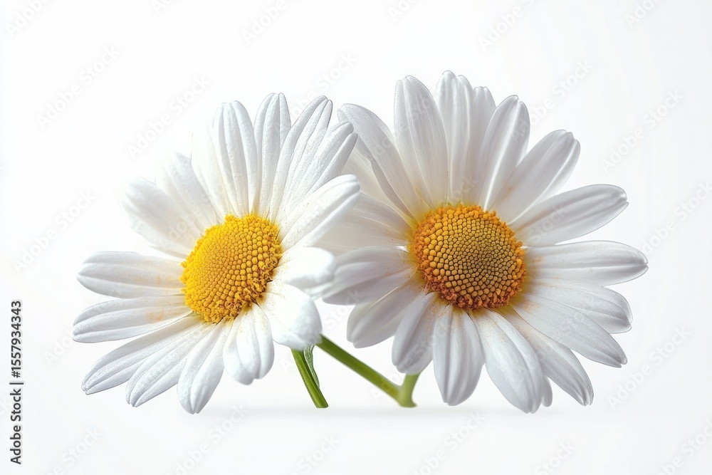 Naklejka premium Two fresh white daisies with vibrant yellow centers on a clean white background expressing simplicity and natural beauty