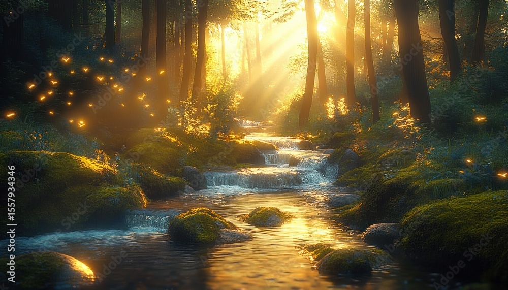 Obraz premium Sunlight filtering through dense forest trees onto a gently flowing stream with moss-covered rocks and glowing fireflies creating a magical atmospheric scene