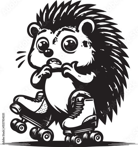 An enthusiastic hedgehog enjoys roller skating, portrayed in a striking black and white cartoon illustration full of energy and charm.