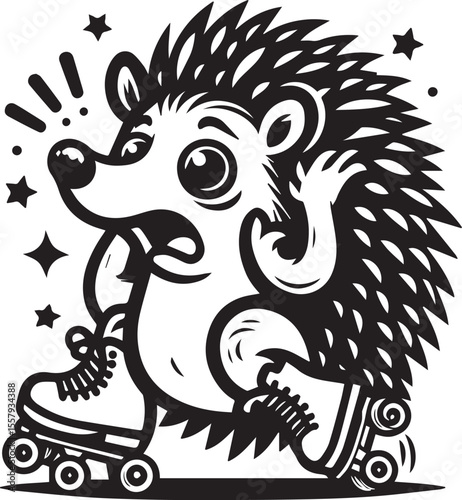 An enthusiastic hedgehog enjoys roller skating, portrayed in a striking black and white cartoon illustration full of energy and charm.