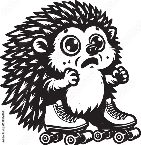 An enthusiastic hedgehog enjoys roller skating, portrayed in a striking black and white cartoon illustration full of energy and charm.