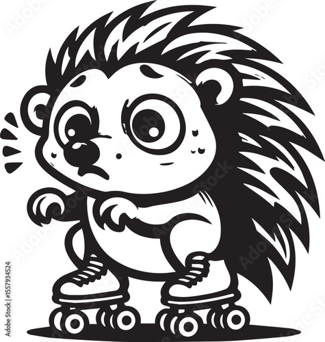 An enthusiastic hedgehog enjoys roller skating, portrayed in a striking black and white cartoon illustration full of energy and charm.