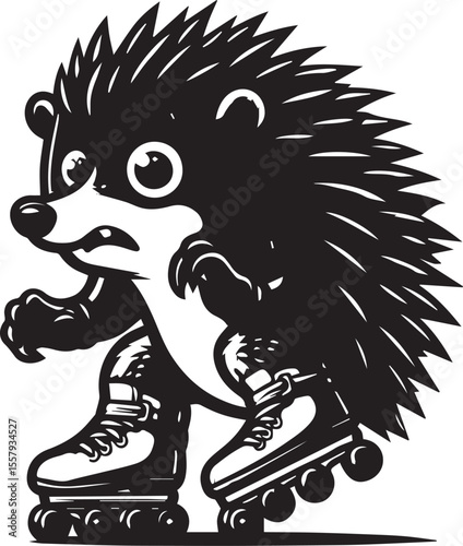 An enthusiastic hedgehog enjoys roller skating, portrayed in a striking black and white cartoon illustration full of energy and charm.