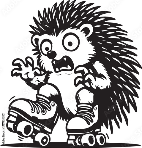 An enthusiastic hedgehog enjoys roller skating, portrayed in a striking black and white cartoon illustration full of energy and charm.