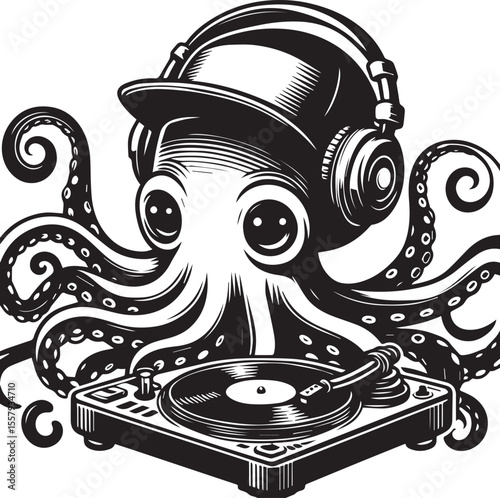 An illustration features a whimsical octopus wearing headphones spinning records on a turntable, a cool dj graphic.