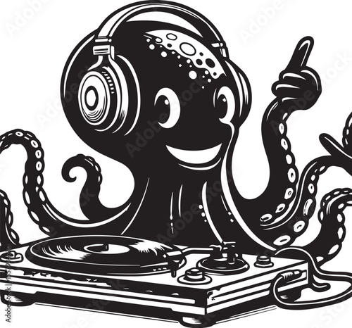 An illustration features a whimsical octopus wearing headphones spinning records on a turntable, a cool dj graphic.