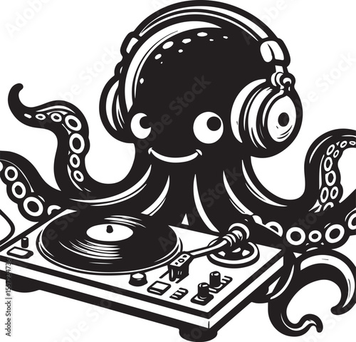 An illustration features a whimsical octopus wearing headphones spinning records on a turntable, a cool dj graphic.
