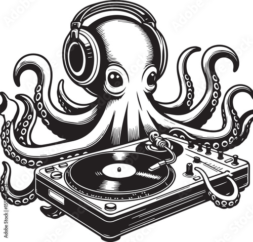 An illustration features a whimsical octopus wearing headphones spinning records on a turntable, a cool dj graphic.