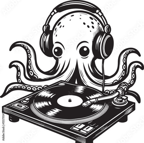 An illustration features a whimsical octopus wearing headphones spinning records on a turntable, a cool dj graphic.