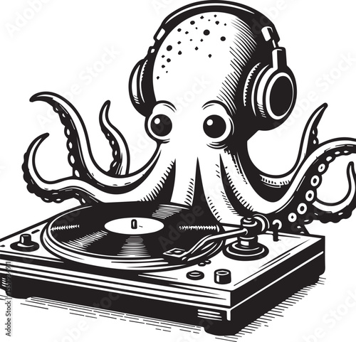 An illustration features a whimsical octopus wearing headphones spinning records on a turntable, a cool dj graphic.