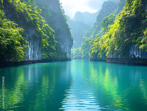 narrow river winding through dense karst valley, limestone cliffs towering above emerald green water, humid tropical air