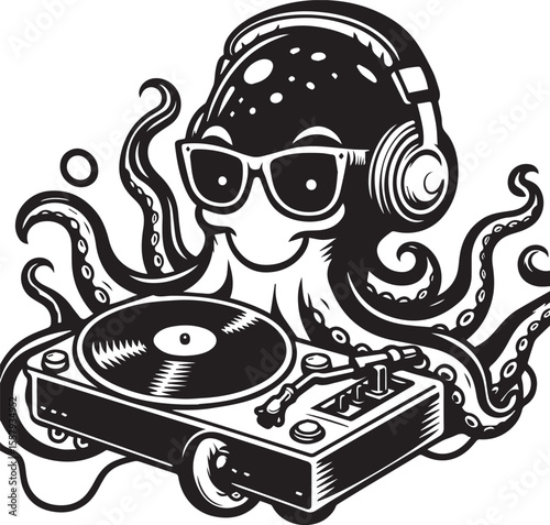 An illustration features a whimsical octopus wearing headphones spinning records on a turntable, a cool dj graphic.