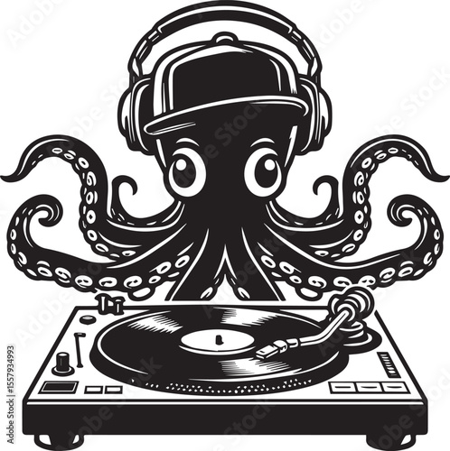 An illustration features a whimsical octopus wearing headphones spinning records on a turntable, a cool dj graphic.