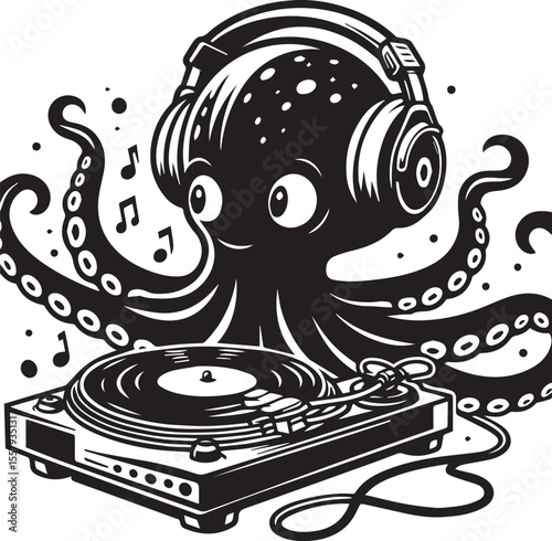 An illustration features a whimsical octopus wearing headphones spinning records on a turntable, a cool dj graphic.