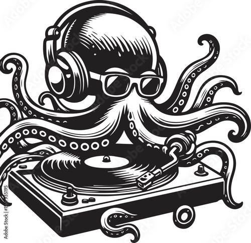 An illustration features a whimsical octopus wearing headphones spinning records on a turntable, a cool dj graphic.