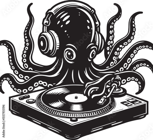 An illustration features a whimsical octopus wearing headphones spinning records on a turntable, a cool dj graphic.