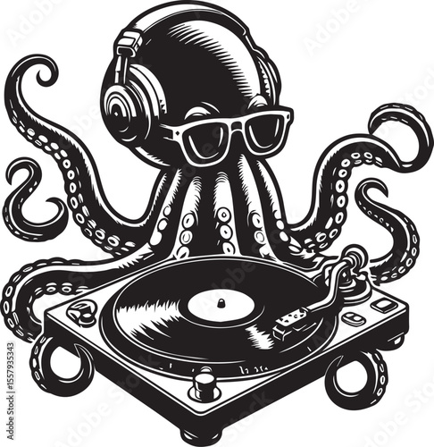 An illustration features a whimsical octopus wearing headphones spinning records on a turntable, a cool dj graphic.