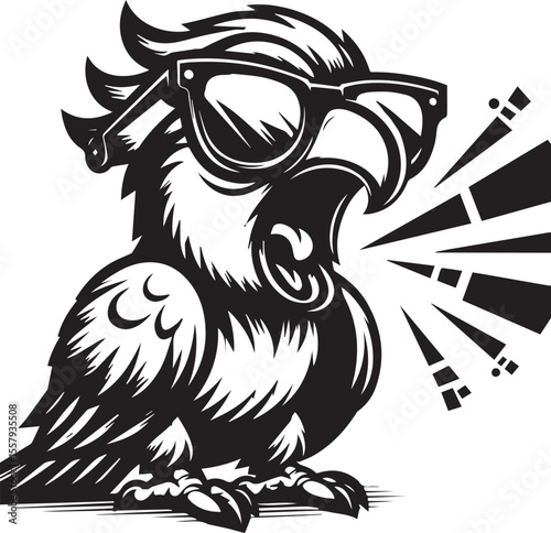 A stylized cartoon eagle mascot with glasses presents a bold, engaging design in grayscale, perfect for branding or educational materials.