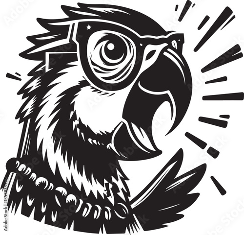 A stylized cartoon eagle mascot with glasses presents a bold, engaging design in grayscale, perfect for branding or educational materials.