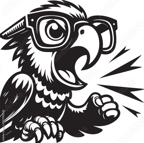 A stylized cartoon eagle mascot with glasses presents a bold, engaging design in grayscale, perfect for branding or educational materials.