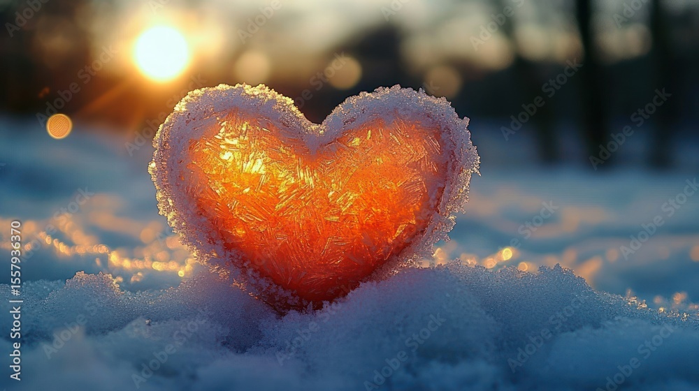 Fototapeta premium Heart-shaped ice glowing with warm orange light in snowy landscape at sunset with soft blurred background