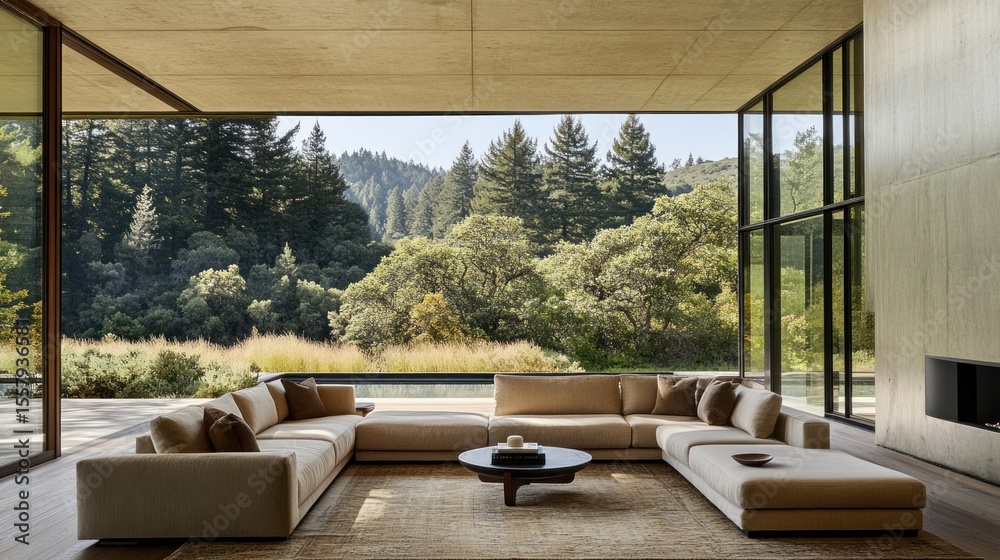 Fototapeta premium Modern living room with expansive glass walls showcasing a scenic valley view