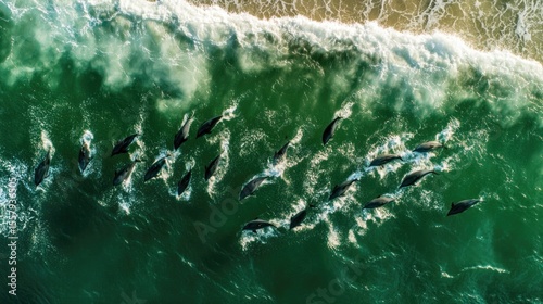 High-angle view of dolphins swimming in turquoise-green ocean waves