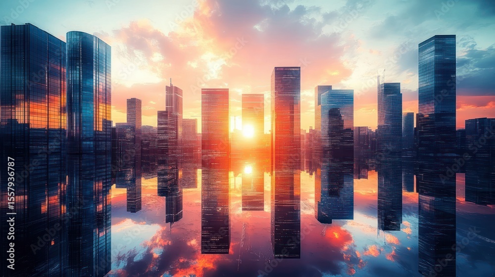 Obraz premium Sunset behind modern skyscrapers reflecting brightly on calm water creating a symmetrical cityscape with vibrant orange and blue sky colors