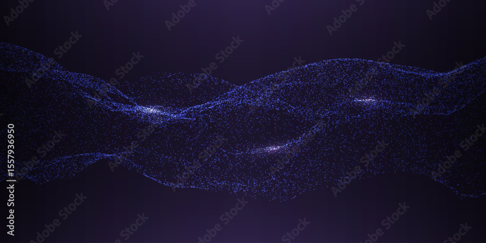 Technology background with dynamic wave. Glowing blue particles on dark backdrop. Futuristic abstract texture. Digital data concept. Deep learning design. Vector illustration.