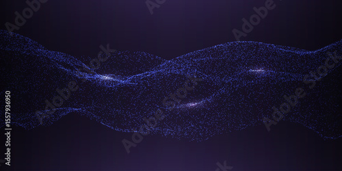 Technology background with dynamic wave. Glowing blue particles on dark backdrop. Futuristic abstract texture. Digital data concept. Deep learning design. Vector illustration.