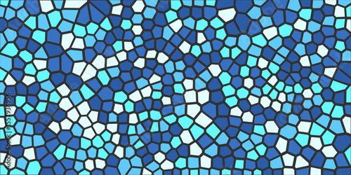 Abstract mosaic background with irregular blue tiles and black lines. Geometric decorative pattern for design or decor. Vintage interior template. Vector illustration.