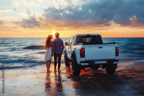Couple standing hand in hand next to a white pickup truck on the beach during sunset with dramatic cloudy sky and ocean waves