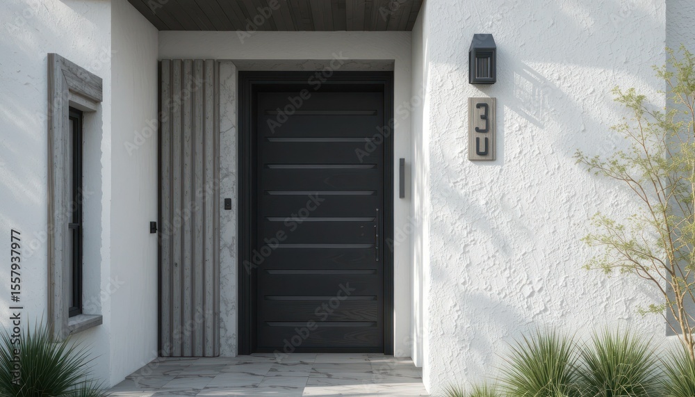Fototapeta premium Modern House Entrance with Gray Door and White Walls